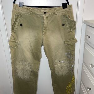 EUC Ed Hardy Khaki Cargo Pants with Embroidered Detail
